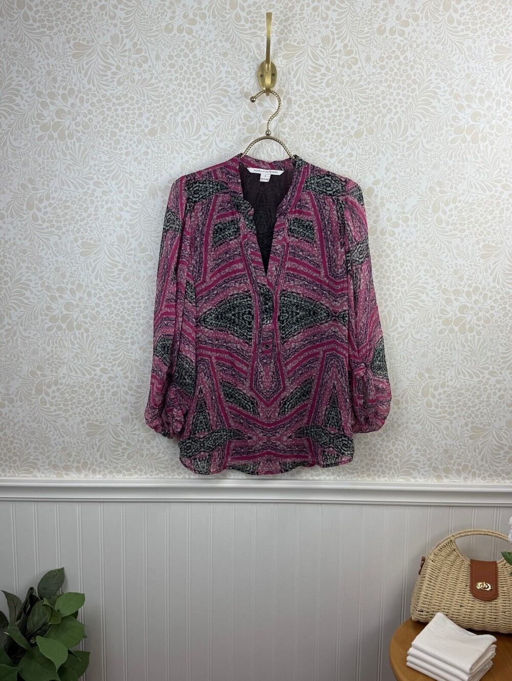 Diane von Furstenberg Silk Pink Diamond Maze 3/4 Balloon Sleeve Tunic - Size - 8